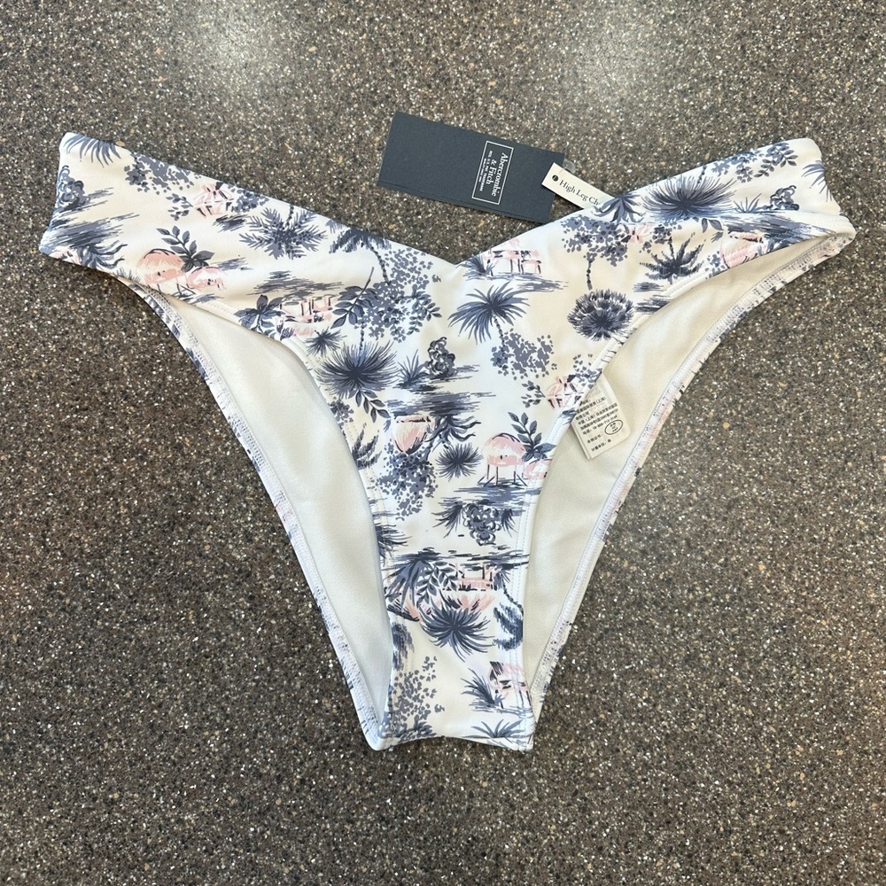 Abercrombie & Fitch Bikini Bottoms High Leg Cheeky Blue White Tropical Small